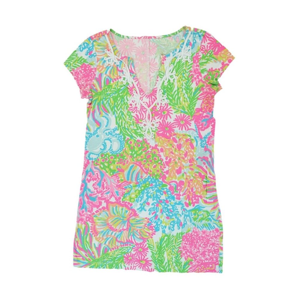 Lilly Pulitzer Skipper‎ Popover Octopus Cove Dress Sz S blue pink Slip Lace EUC